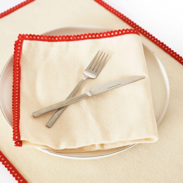 Alesta Home Kırmızı Biyeli Krem 6'lı Keten Peçete 45x45 cm PCT008