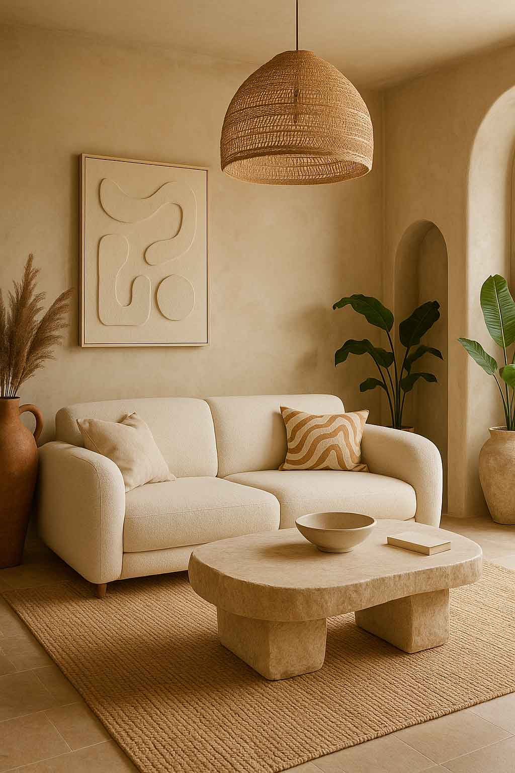 Bej tonlarında dekore edilmiş bir oturma odası; kıvrımlı koltuk, taş sehpa, doğal ışık ve organik dokularla çevrelenmiş.