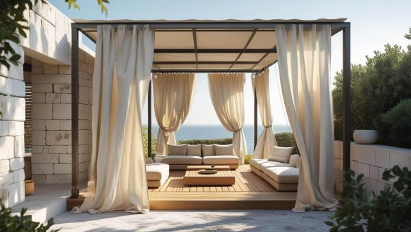 Deniz manzaralı, lüks ve rahatlatıcı bir açık hava dinlenme alanı. Beyaz perdelerle çevrili, ahşap zeminli, bej renkli minderli oturma gruplarıyla döşenmiş şık bir tasarım.