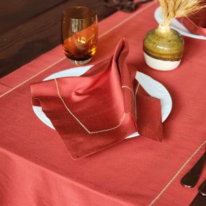 Alternative view of Alesta Home Sarı Zikzak Dikişli Kiremit Rengi İpek Peçete 45x45 cm PCT012