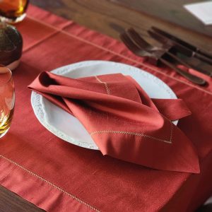 Alesta Home Sarı Zikzak Dikişli Kiremit Rengi İpek Peçete 45x45 cm PCT012