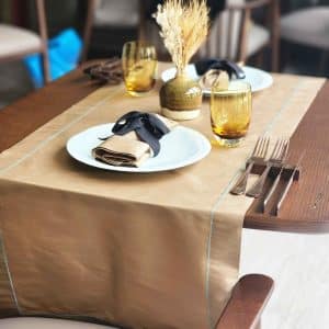 Alesta Home Açık Kahve %100 İpek Turkuaz Zikzak Dikişli Runner 50x160 cm